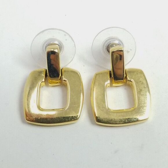 Vintage Anne Klein Gold Tone Square Door Knocker Dangle Stud Earrings, Estate - Picture 7 of 7